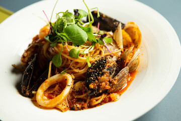 Seafood tomato pasta on a plate