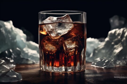 The foreground of a glass full of ice and Coke. Generated with AI