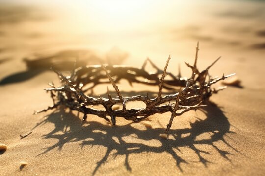 Crown of thorns on sand background. Easter. Christian concept of suffering. Generative AI