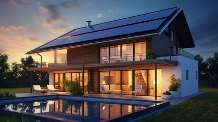 A modern house with a solar panel system on the rooftop. Generative ai