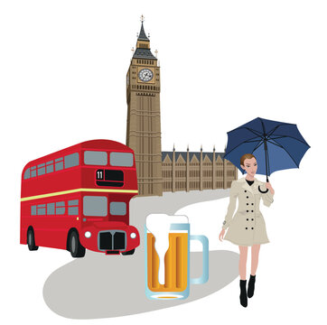 Illustration of Big Ben tower, London bus, beer and a woman with an umbrella