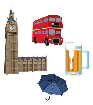 Illustration of Big Ben tower, London buses, beer and an umbrella