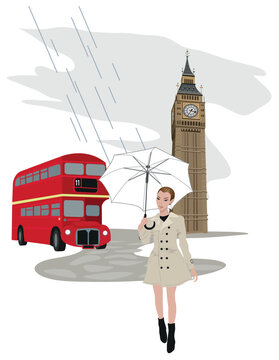 Illustration of Big Ben tower, London bus and a woman with an umbrella