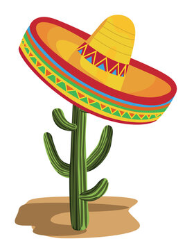 Illustration of a sombrero on a cactus isolated on white