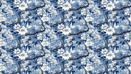 Seamless floral textile pattern with blue flowers and leaves. Floral fabric and wallpaper