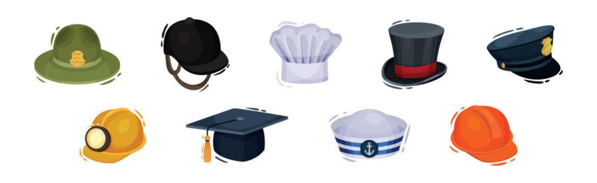 Different Professions Hat and Headdress as Uniform Accessory Vector Set