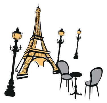 Eiffel tower, street lights and cafe