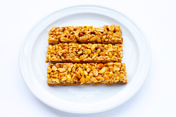 Peanuts butter chocolate bars on white