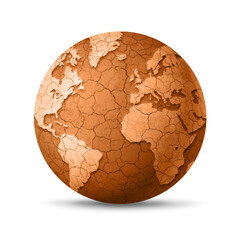 Dry and cracked world globe isolated on white background. Global warming symbol