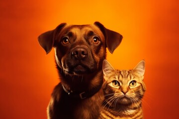 Brown cat and dog together looking at the camera. Generative AI