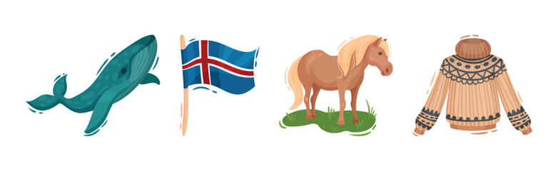 Norway Travel with Whale, Flag, Horse and Knitted Sweater Vector Set
