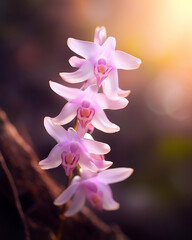 Pink orchids on a branch with the sun behind them. Generative AI