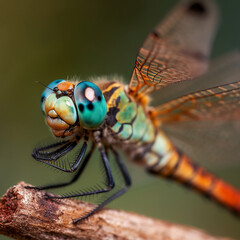 A dragonfly with blue and green eyes and orange stripes. Generative AI