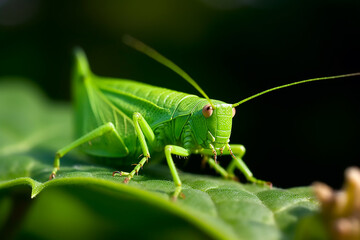 A grasshopper sits on a leaf with the word grass on it. Generative AI