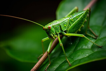 A grasshopper sits on a leaf with the word grass on it. Generative AI