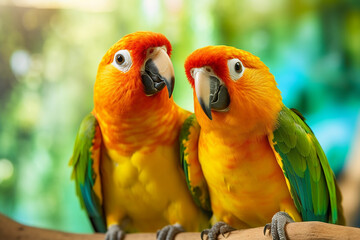 Two parrots on a branch with green background. Generative AI
