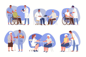 Set of illustrations of reception of elderly by geriatric doctor, internist. Physician consults patient, diagnoses, prescribes treatment. Vector characters flat cartoon.