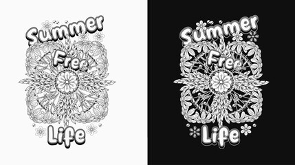 Summer label with chamomile bouquet, feathers, text. Groovy, hippie retro style. For clothing, apparel, T-shirts, surface decoration