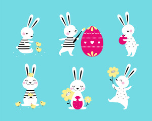 Cute Easter Bunny with Egg on Blue Background Vector Illustration Set