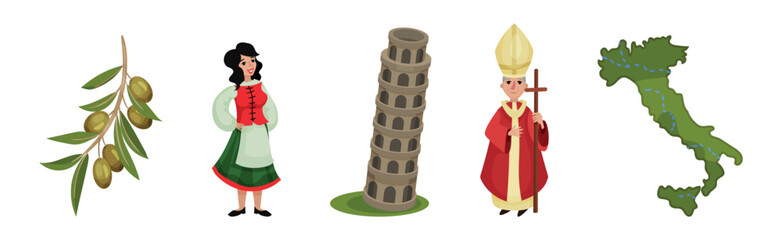 Italy Travel Elements with Pope, Map, Woman in Traditional Dress, Tower of Pisa and Olive Branch Vector Set