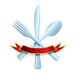 Fork, spoon and knife with red ribbon on white background