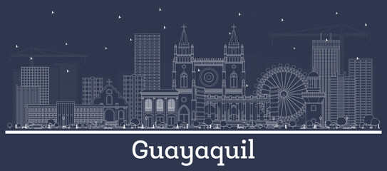 Outline Guayaquil Ecuador City Skyline with White Buildings.