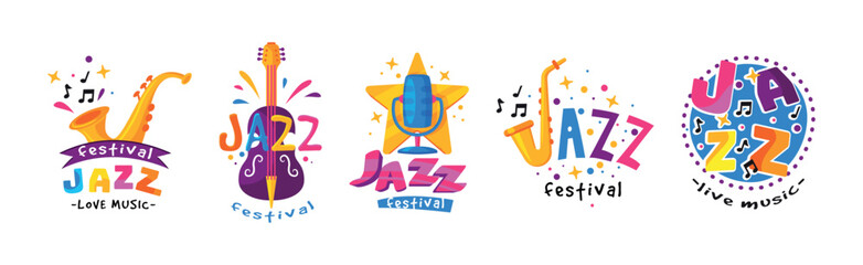 Bright Jazz Festival and Live Music Concert Label Vector Set