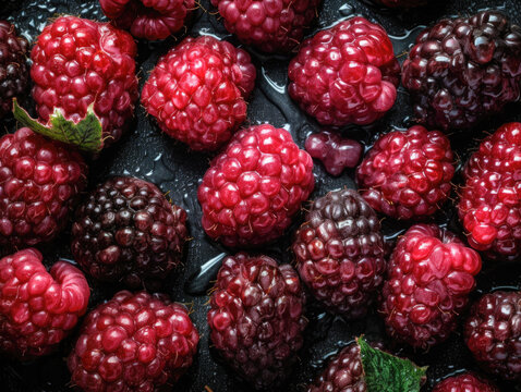 closeup of loganberry plant with ripe loganberries growing in organic garden 