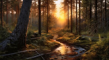 Obraz premium A sunset in a forest painting. Generative ai