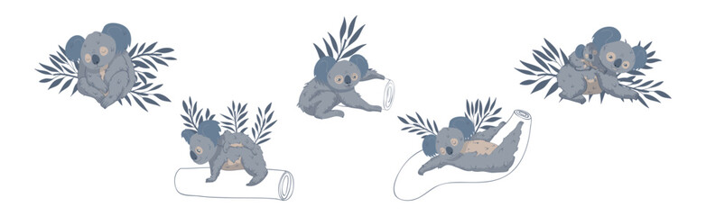 Adorable Koala in Various Pose with Tree Trunk Vector Set