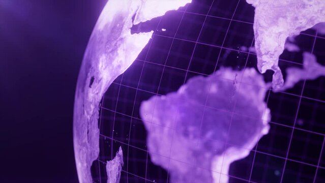 4k Seamless loop video of glowing and Futuristic rotating animation of earth globe in close up shot on right side, Business and Technology purple Background