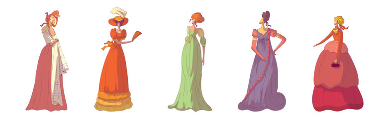 Madam Woman in Standing Pose Wearing Old-fashioned Dress or Ball Gown Vector Set