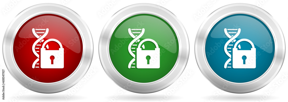 Poster Dna code information security vector icon set. Red, blue and green silver metallic web buttons with chrome border