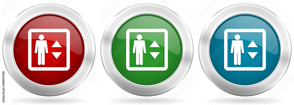 Poster elevator, lift vector icon set. red, blue and green silver metallic web buttons with chrome border