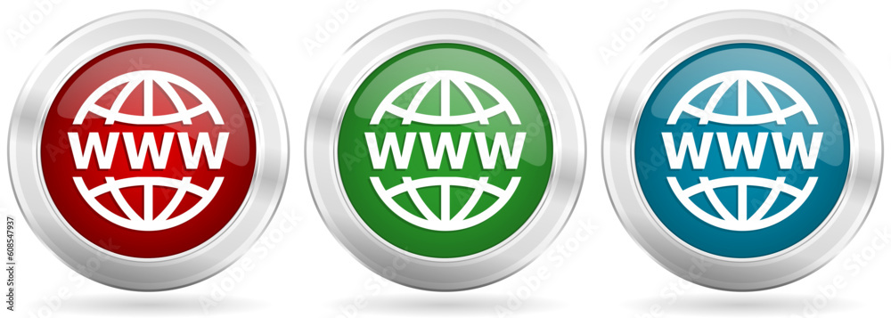 Poster Web, www and internet vector icon set. Red, blue and green silver metallic web buttons with chrome border