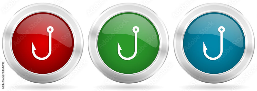 Poster Fishing hook vector icon set. Red, blue and green silver metallic web buttons with chrome border