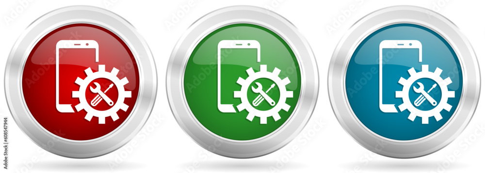 Poster mobile phone, smartphone service vector icon set. red, blue and green silver metallic web buttons wi