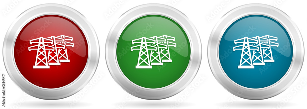 Poster power line, energy towers vector icon set. red, blue and green silver metallic web buttons with chro