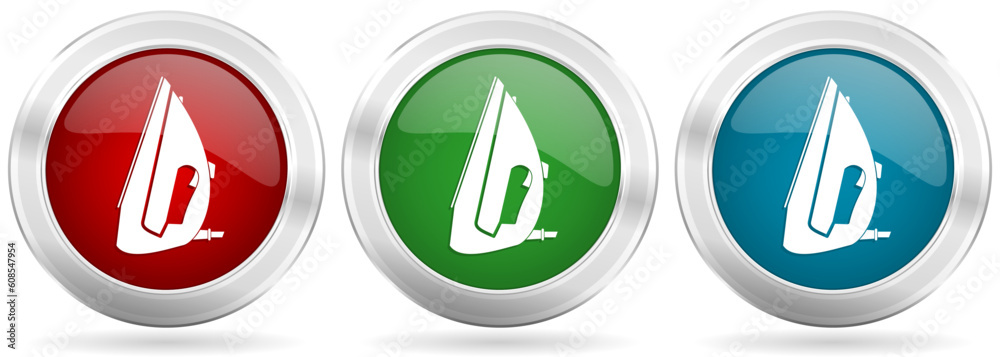 Aufkleber Iron vector icon set. Red, blue and green silver metallic web buttons with chrome border