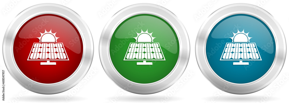 Aufkleber sun over solar panel vector icon set. red, blue and green silver metallic web buttons with chrome bo