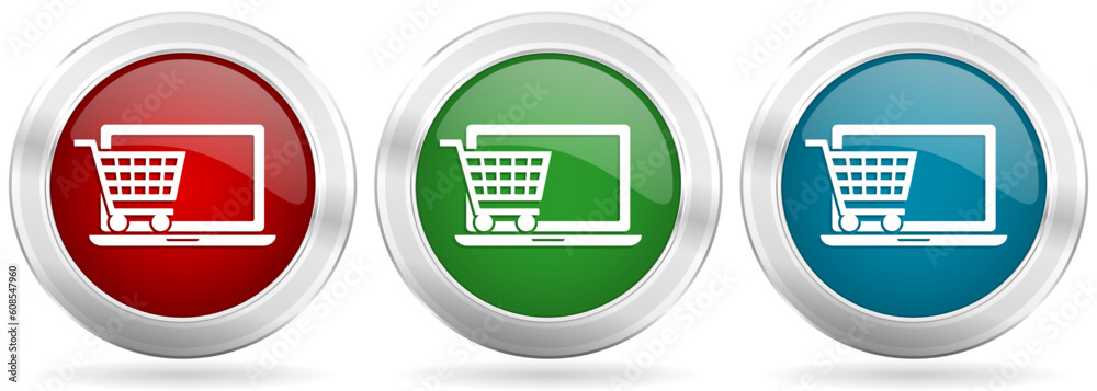 Poster online shop vector icon set. red, blue and green silver metallic web buttons with chrome border