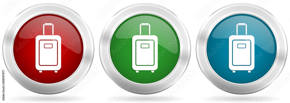 Poster Travel suitcase vector icon set. Red, blue and green silver metallic web buttons with chrome border