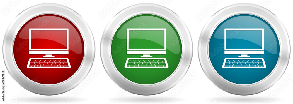 Poster computer, desktop vector icon set. red, blue and green silver metallic web buttons with chrome borde