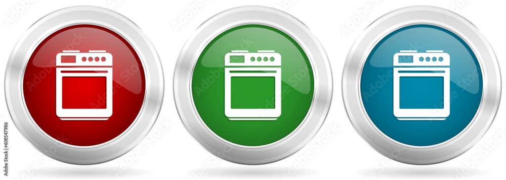 Aufkleber stove and oven vector icon set. red, blue and green silver metallic web buttons with chrome border