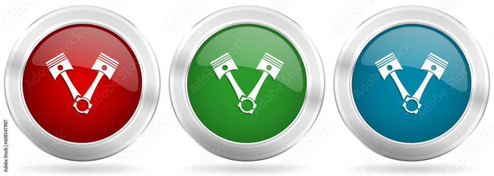 Aufkleber pistons vector icon set. red, blue and green silver metallic web buttons with chrome border