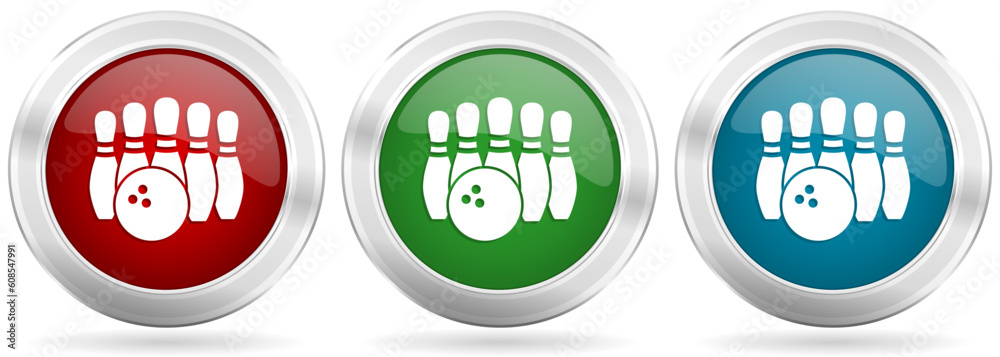 Poster Bowling vector icon set. Red, blue and green silver metallic web buttons with chrome border