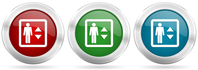 Elevator, lift vector icon set. Red, blue and green silver metallic web buttons with chrome border