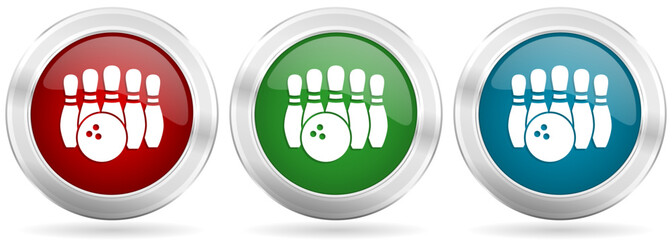 Bowling vector icon set. Red, blue and green silver metallic web buttons with chrome border