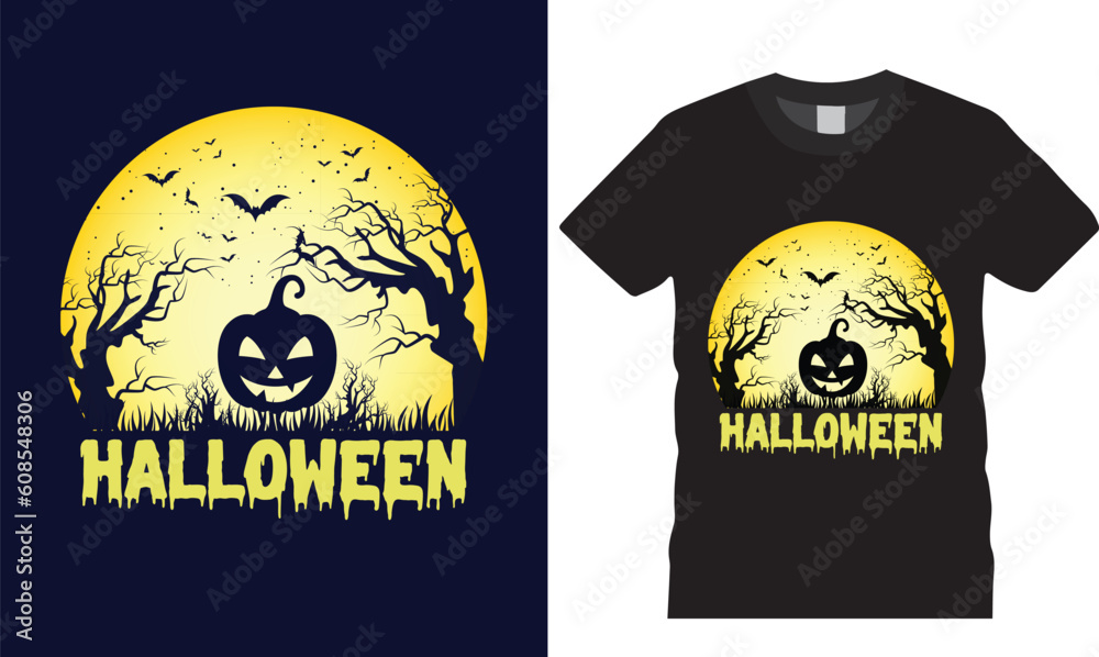 Poster Halloween t-shirt design costume creative   Eye-catching high-quality Illustration Black cat Pumpkin, Scary trendy graphic badge typography quote t-shirt design vector. Ready for print, tee, template