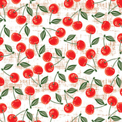 Red cherries green leaves fruit pattern